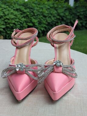 Pink Satin Pointed Toe Heels with Crystal Bow